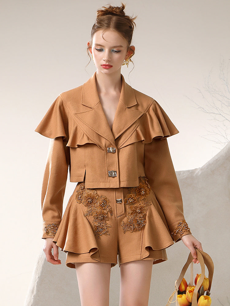 Frill Ruffle Flower Embroidery Jacket&Short-Pants
