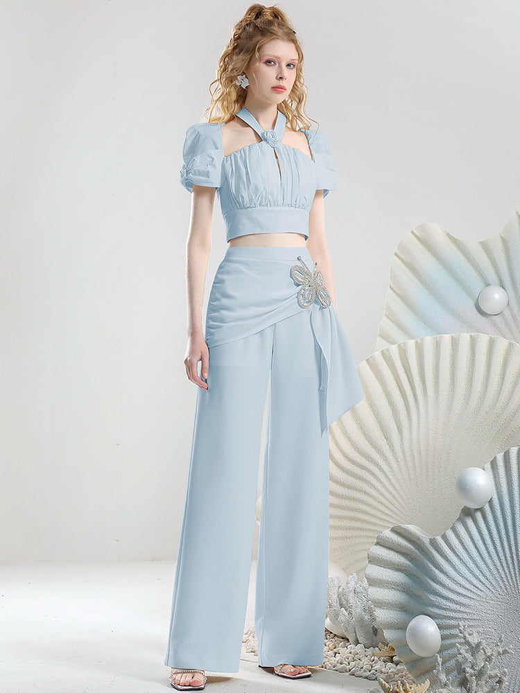 Set-Up Short Wrap Butterfly Half-Sleeve Refreshing Blouse&Straigt-Pants