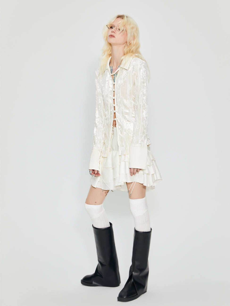 자수 레이스 우아한 긴 말반 블라우스