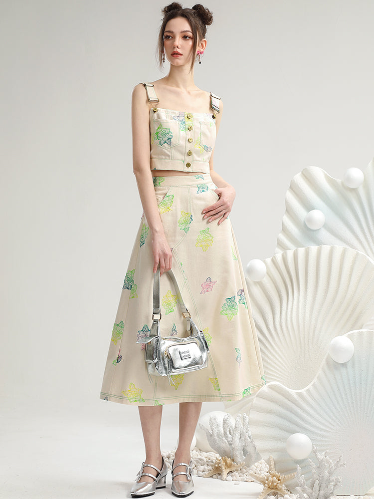 Set-Up Rose Gradation Rainbow Retro Casual Tops&Long-Skirt