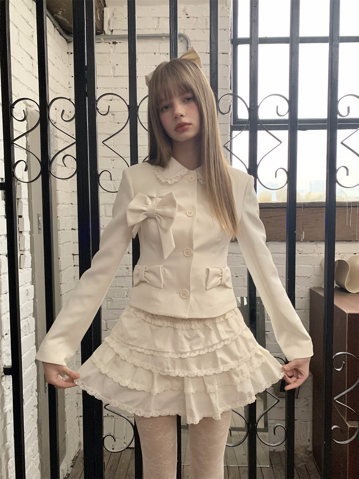 Ribbon Frill Girly Sweet Cute Plain Jacket