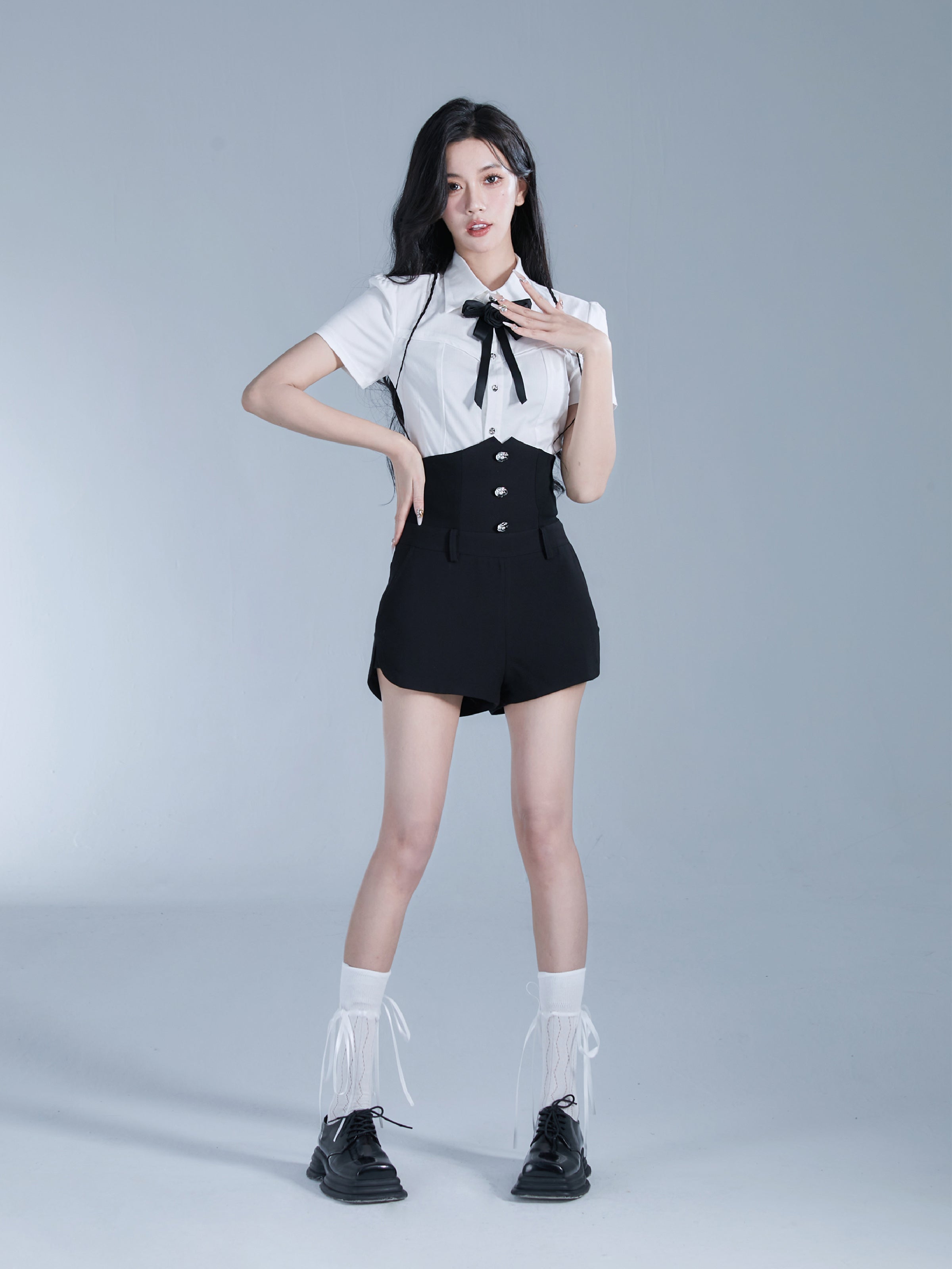 Ribbon Rose High-Waist serré Chlouse et courte-pantalon