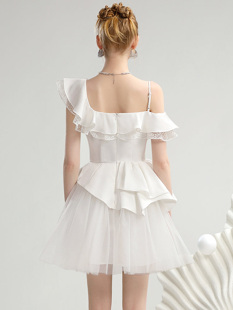 Lace Asymmetry One-Shoulder Tulle Frill One-Piece