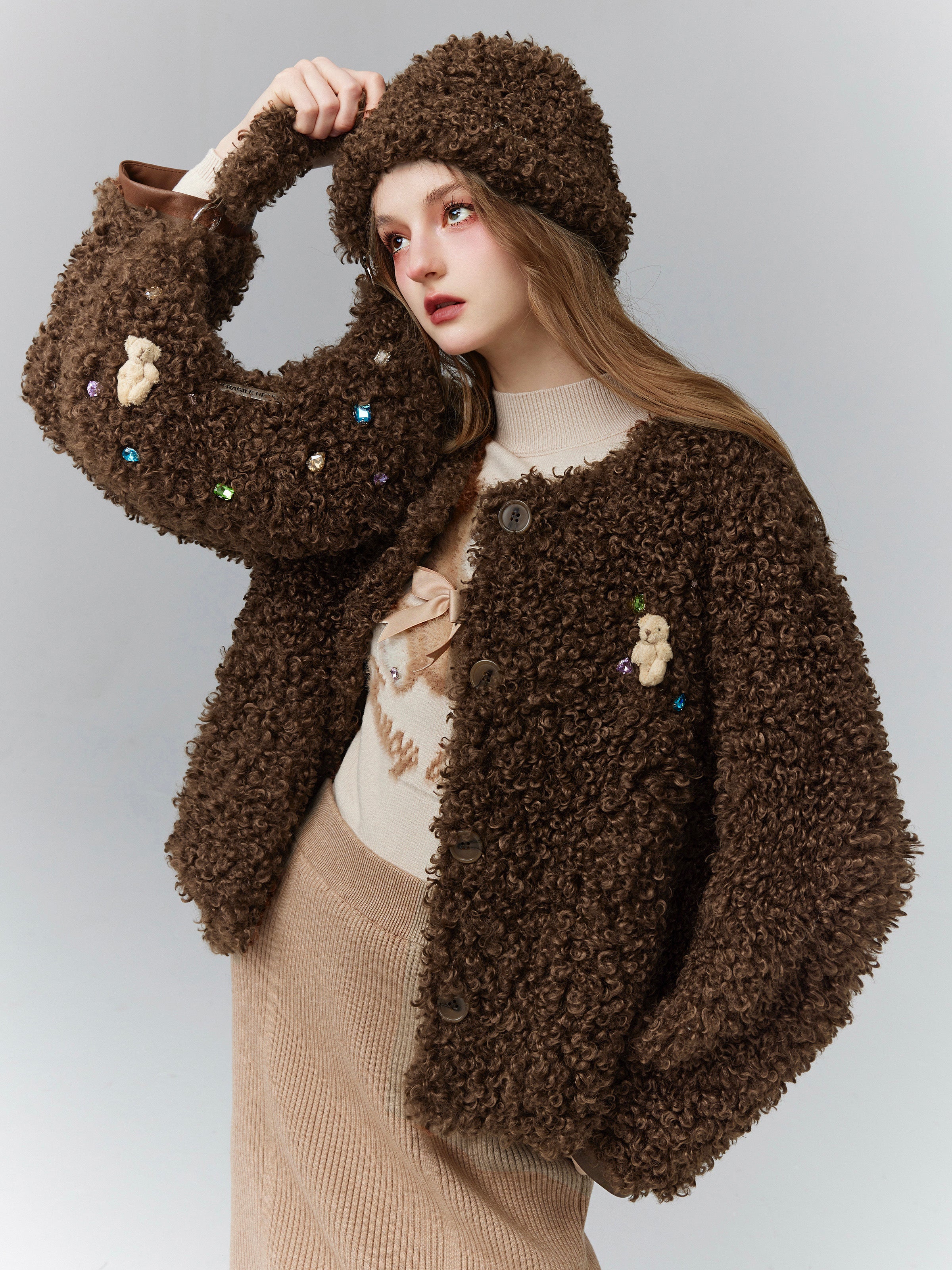Short Fluffily Retro Cute Bijou Rhinestone Bear Mascot Boa-Jacket