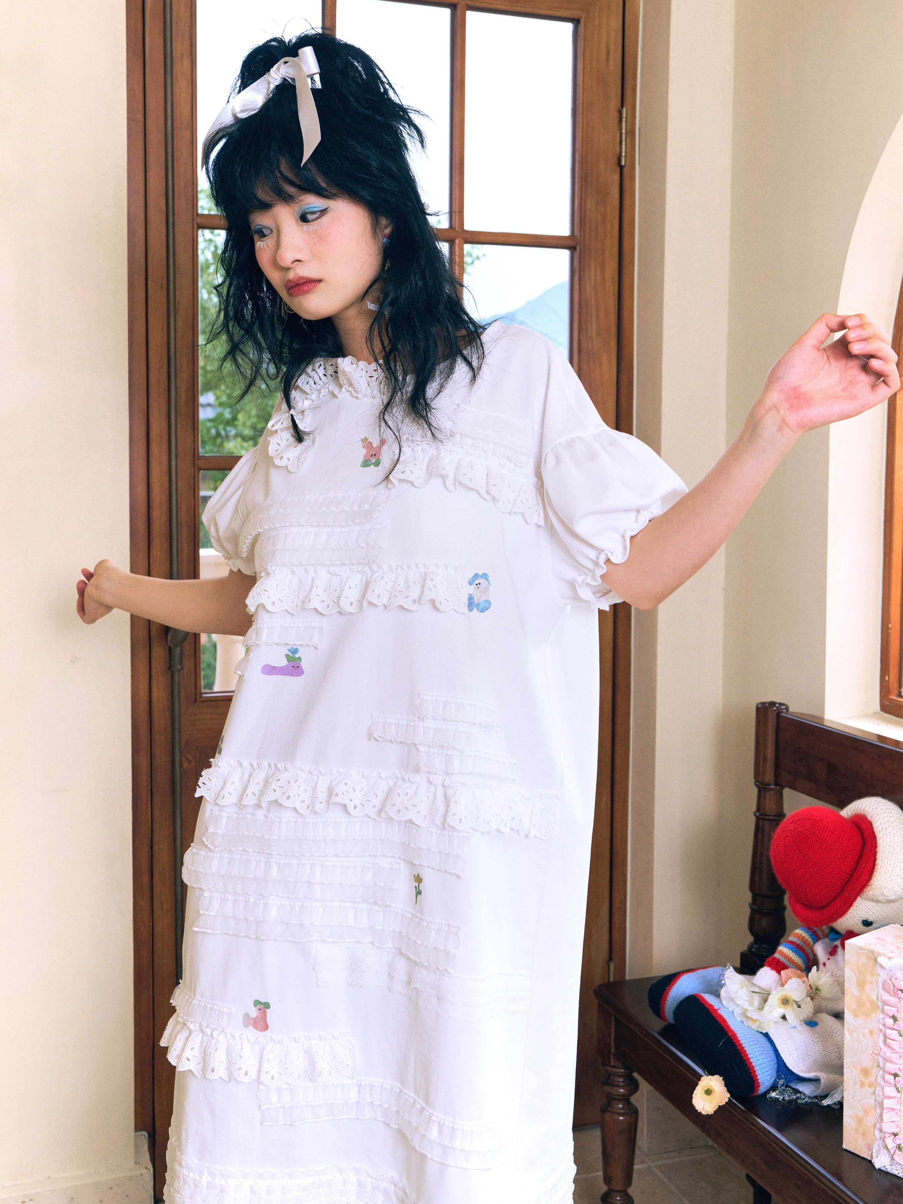 레이스 귀여운 여성스러운 퍼프 슬리브 원피스