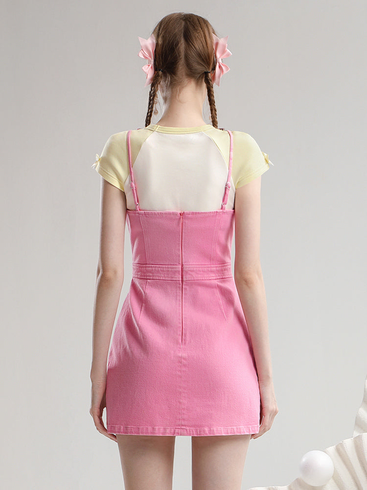 Set-Up Bijou Ribbon Lace-Up Slim Short Nichi T-Shirt&Dress