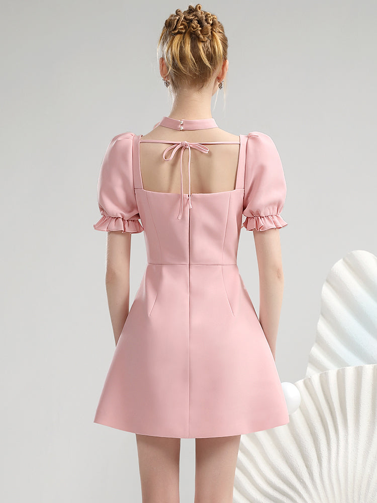 Rose Asymmetry Ciffon Puff-Sleeve Ruffle Short Flare Short Dress