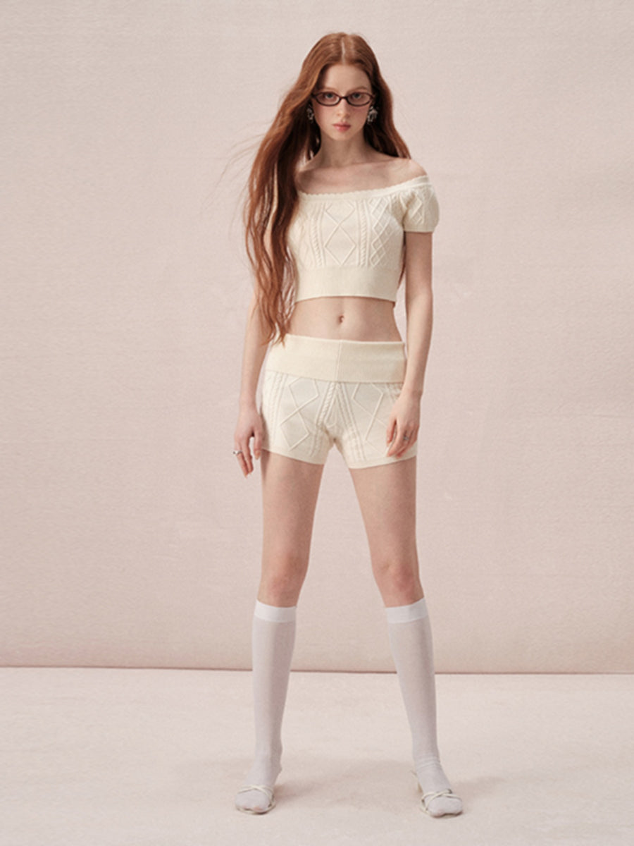 Cable-Knit Off-Shoulder Casual Relax Set-Up Tops&Short-Pants