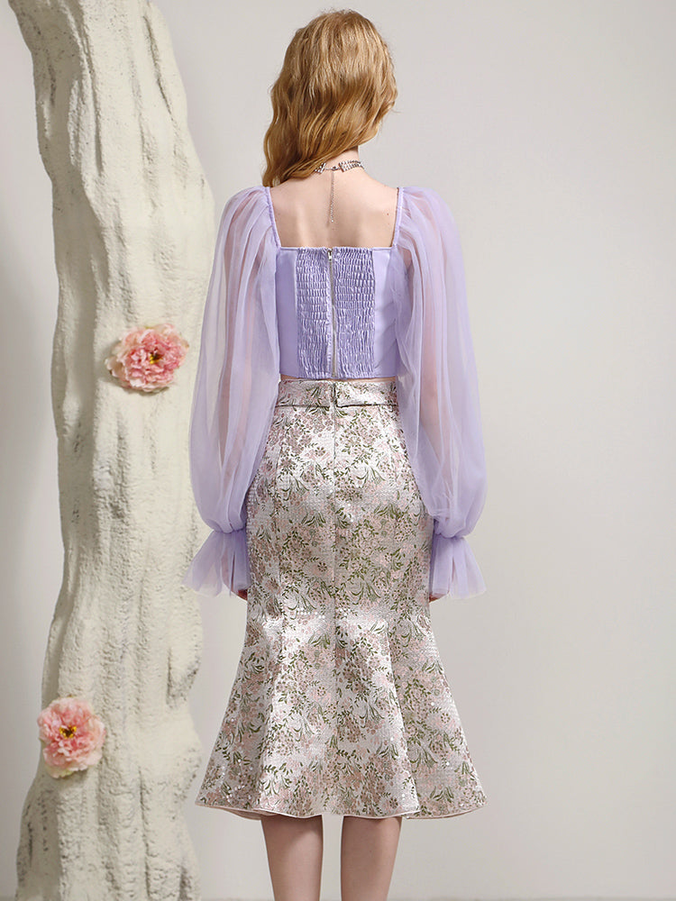 Tulle Frill Tiered Pale Candy-Sleeve Glossy Flower Tops&Mermaid-Skirt