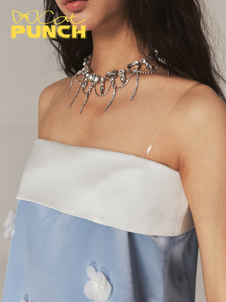 Satin Flower A-Line Short Camisole Bi-Color Glossy One-Piece