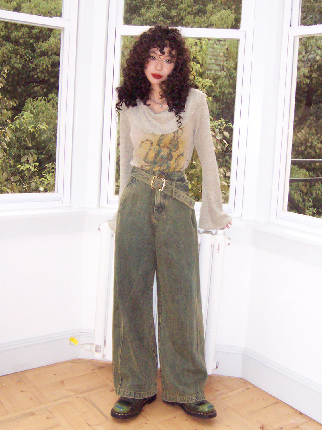 Denim High-Waist Belt Straight Casual Wide-Pants
