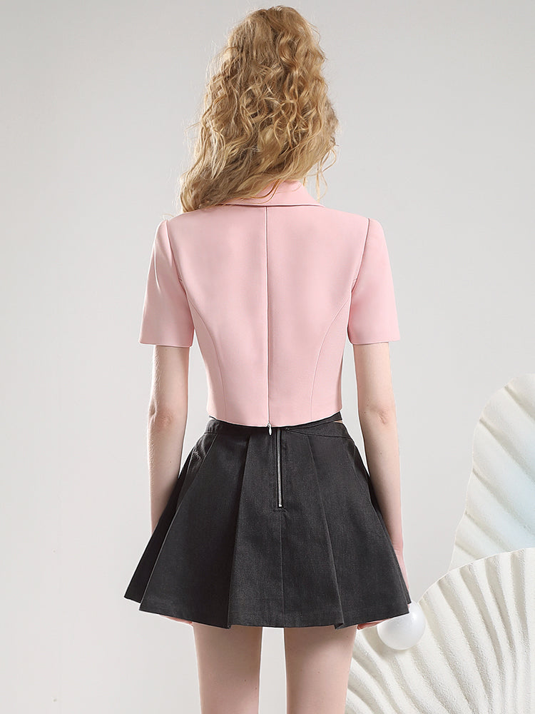 Set-Up Ribbon Beads Short Chic Tops&Denim--Skirt