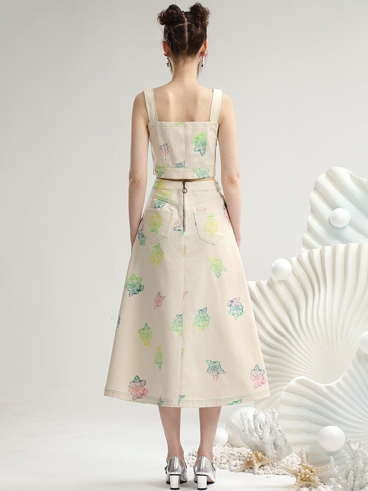 Set-Up Rose Gradation Rainbow Retro Casual Tops&Long-Skirt