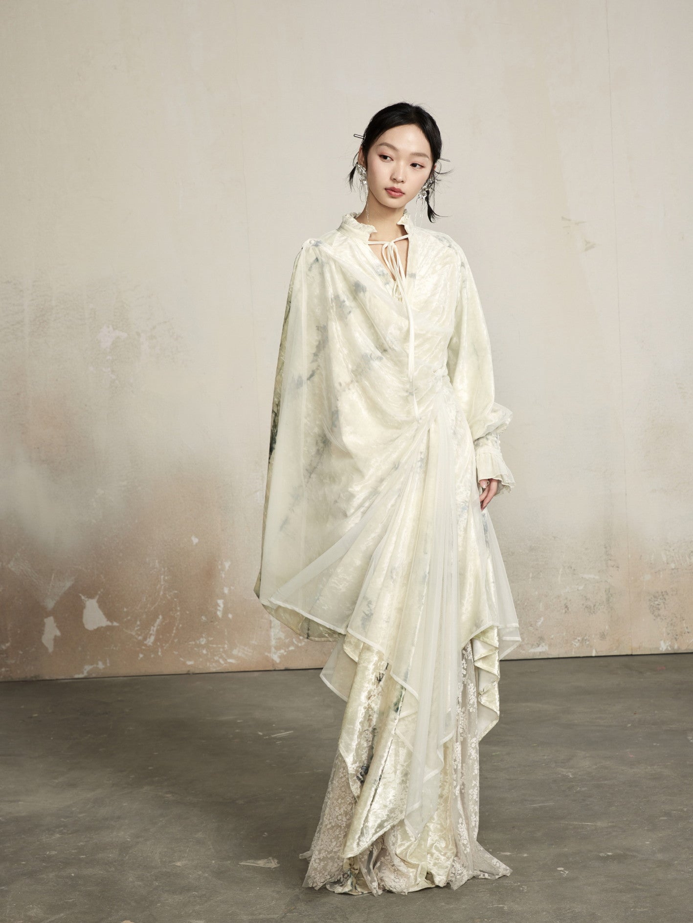 Asymmetry Classy Drape Sheer Long Gather Glossy Outer