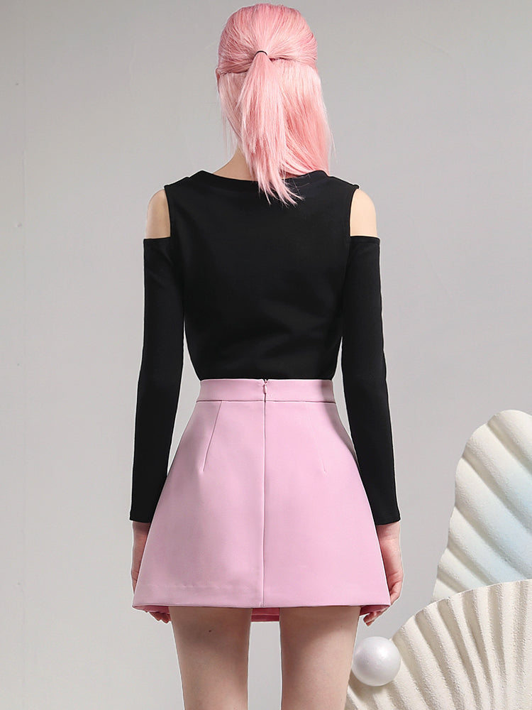 Set-Up Open-Shoulder Knit Pocket Casual Cutswe&Mini-Skirt