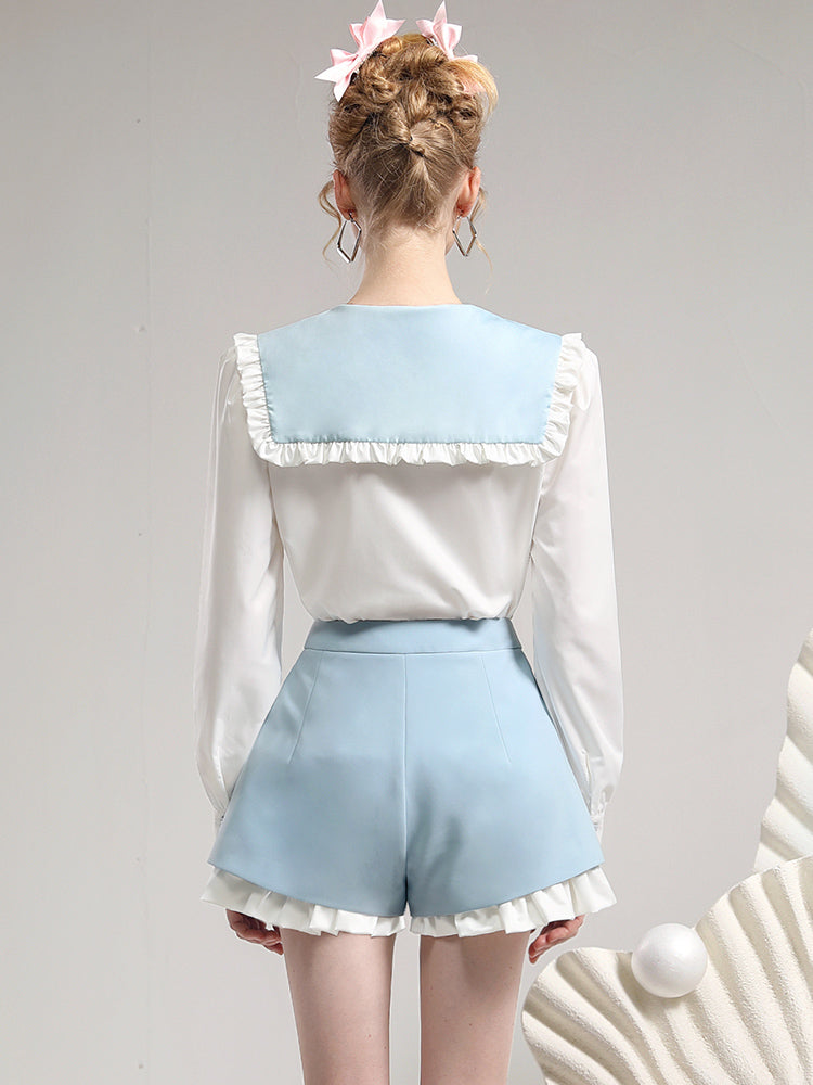 Set-Up Big-Collr Frill Flower Retro Cute Tops&Short-Pants