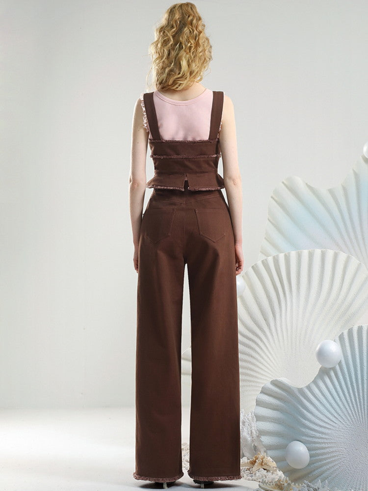Set-Up Denim Peplum Pants Retro Butterfly Embroidery Overall Tops&Pants