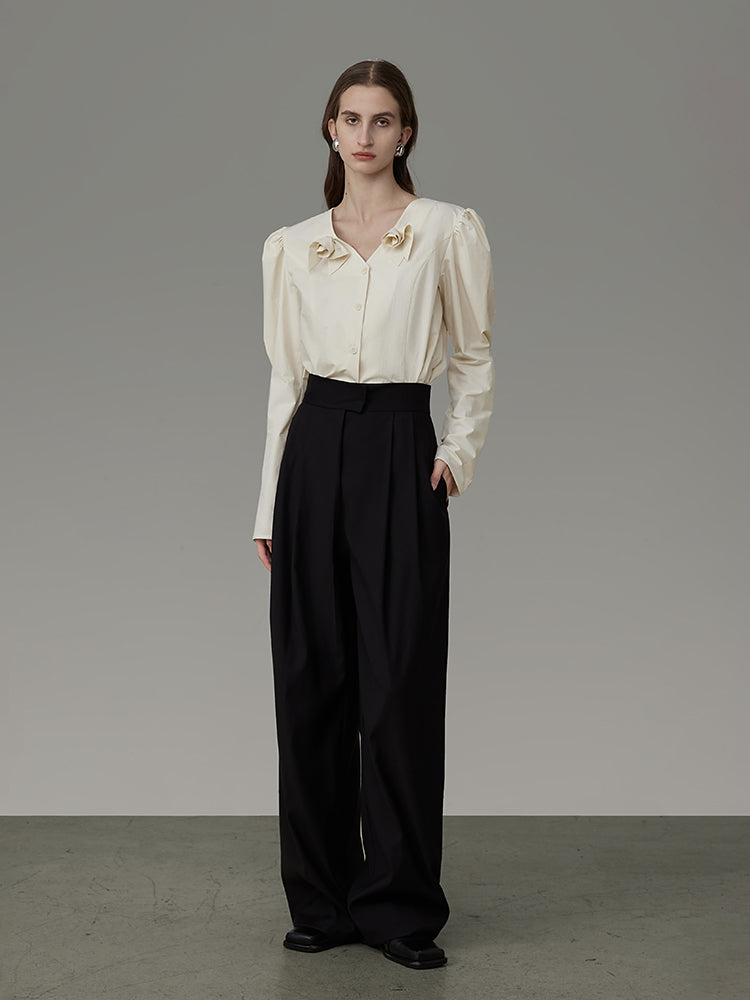 No-Collar Rose-Motif Power-Shoulder Classy Blouse