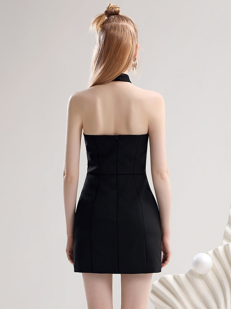 Halter-Neck Elegant Gather Short Slim Rose Bijou Dress