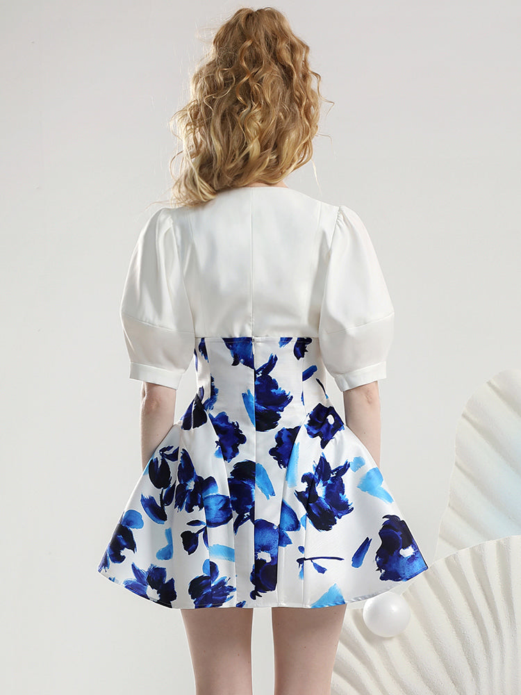 2Type Set-Up Puff-Sleeve High-Waist Flower Chic Tops&Skirt