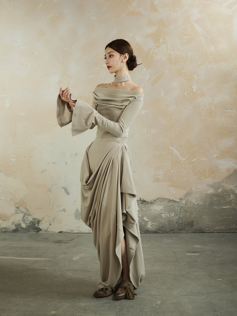 Plain Asymmetry Drape Feminine Elegant Long-Skirt