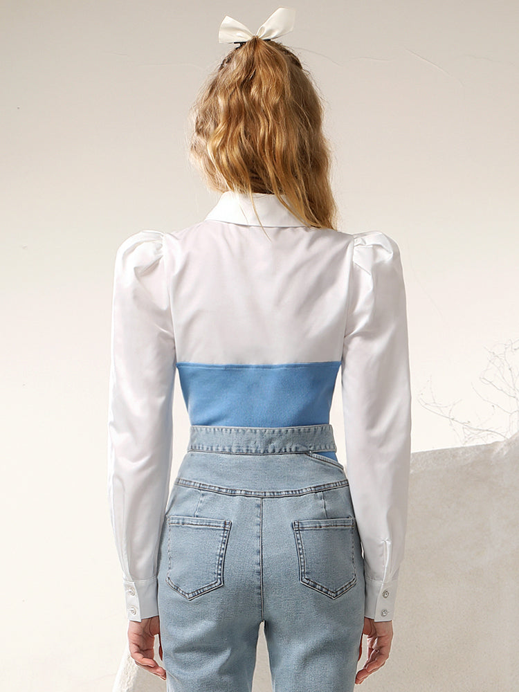 Knit&Shirt Ribbon Fake-Layered Docing Nichi Retro Tops