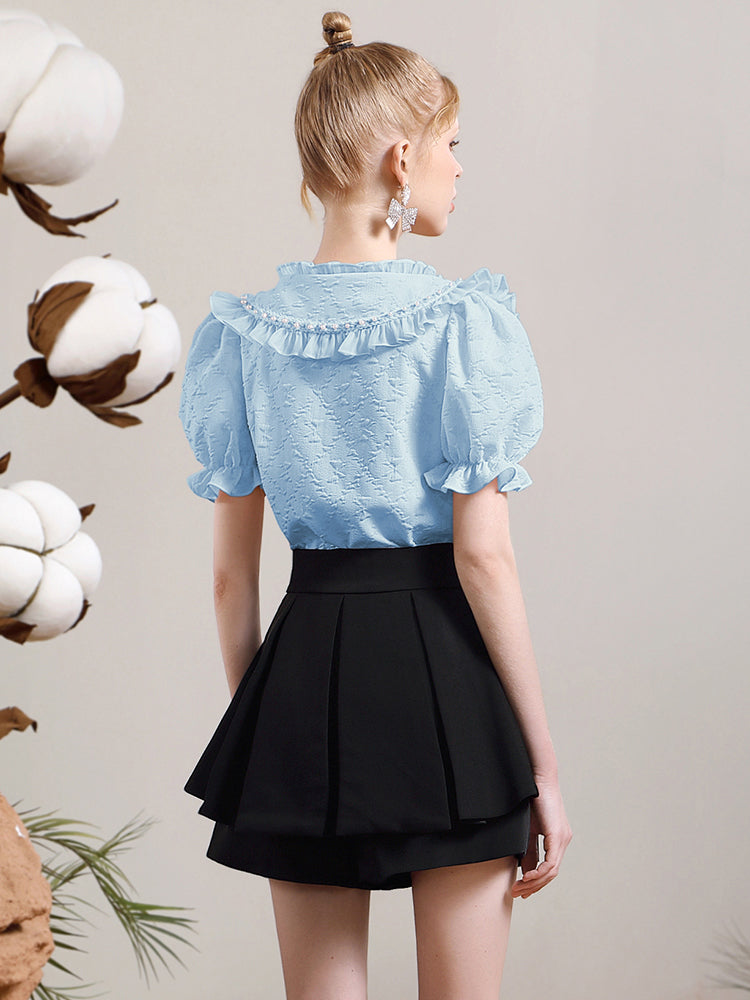 Puff-Ärmelns-Big-Collar-Frill-Bluse