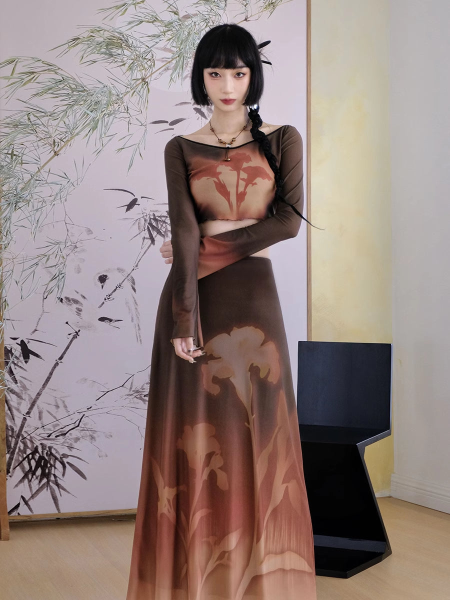 Mellow Gradation Short Nichi Flare-Sleeve Flower Cutsew&Long-Skirt