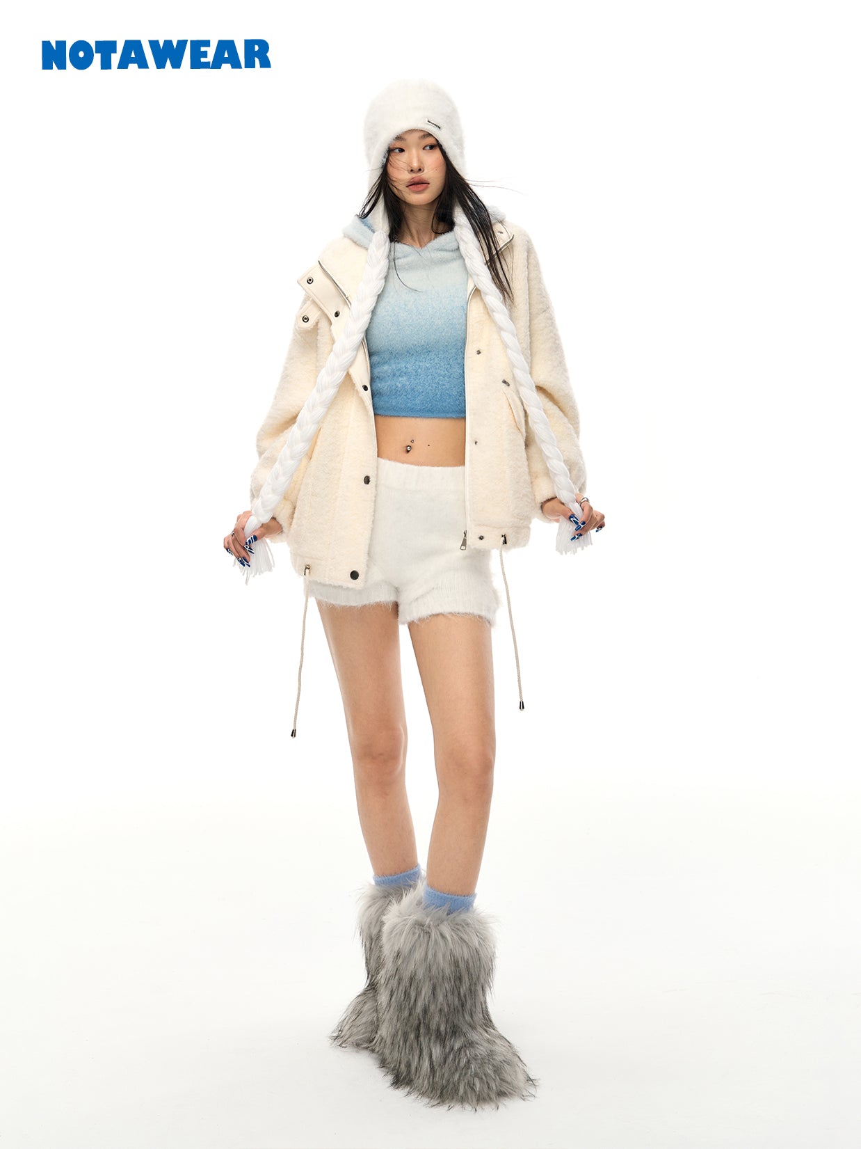 Mohair-Knit Casual Fluffily Hoodie Parka&Short-Pants
