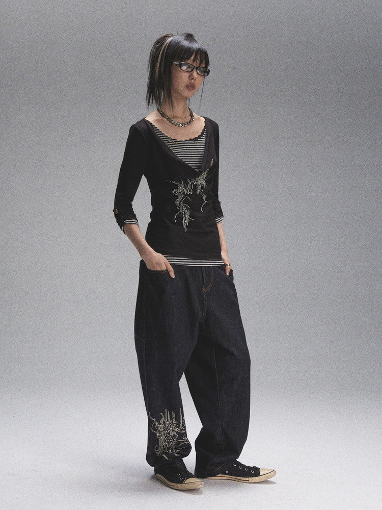 Print Denim Loose Casual Wide-Leg Pants