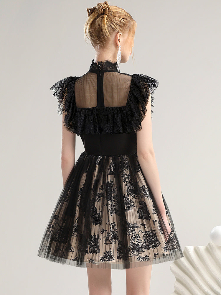 Flace Feminine Chic Falre Flower Party Sheer Dress