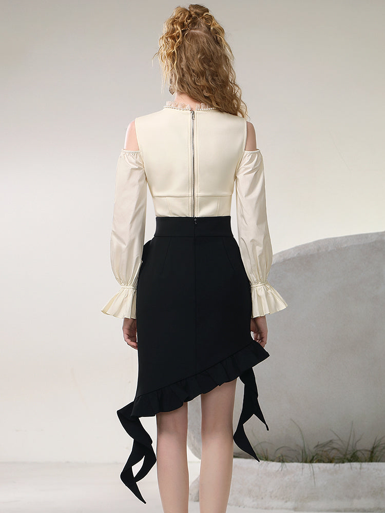 Asymemtry Open-Shoulder Chic Ruffle Candy-Sleeve Bluse & Rock