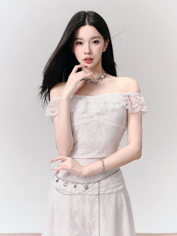 Set-Up Off-Shoudler Lace Feminine Flower Feminine Tops&Skirt