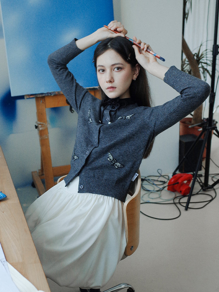 Embroidery Insect Nichi Crew-Neck Knit Cardigan