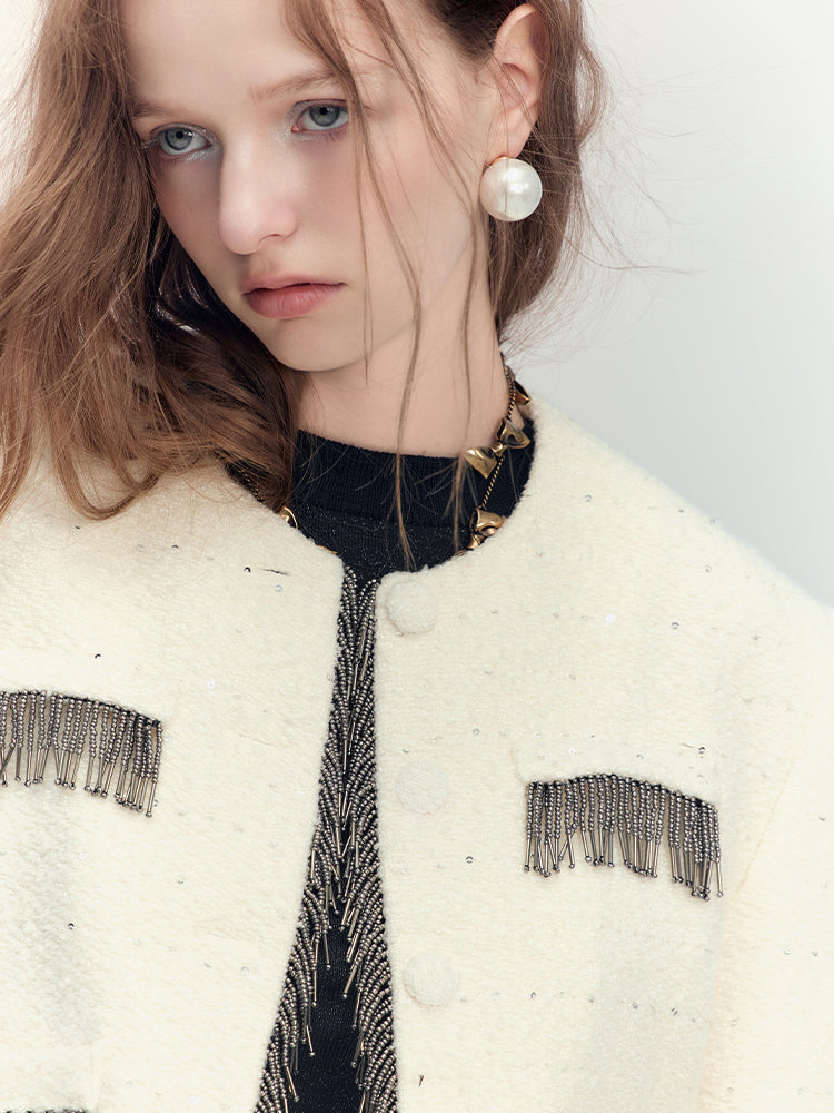 Tassel Wool No-Collar Chic 고급 재킷 미니 스커트
