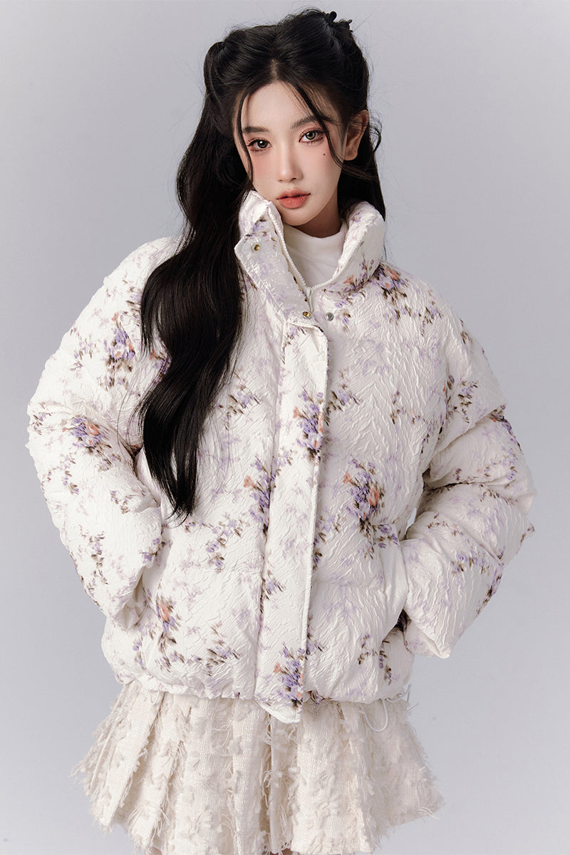 Flower Stand-Collar Cotton Pleats Embroidery Down-Jacket&Mini-Skirt