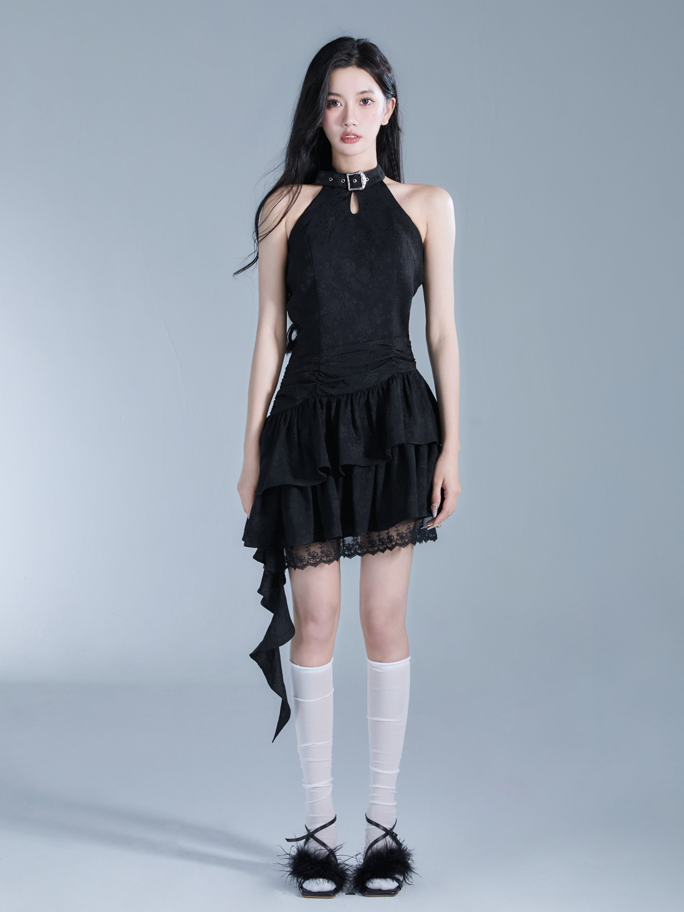 Embroidery Flower Asymmetry Belt Lace One-Piece