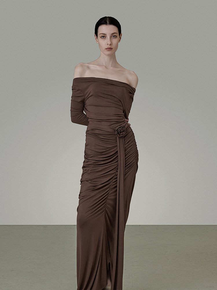 Set-Up Classy Plain Stretch Frill Drape Off-Shoulder Gather Cutsew&Long-Skirt