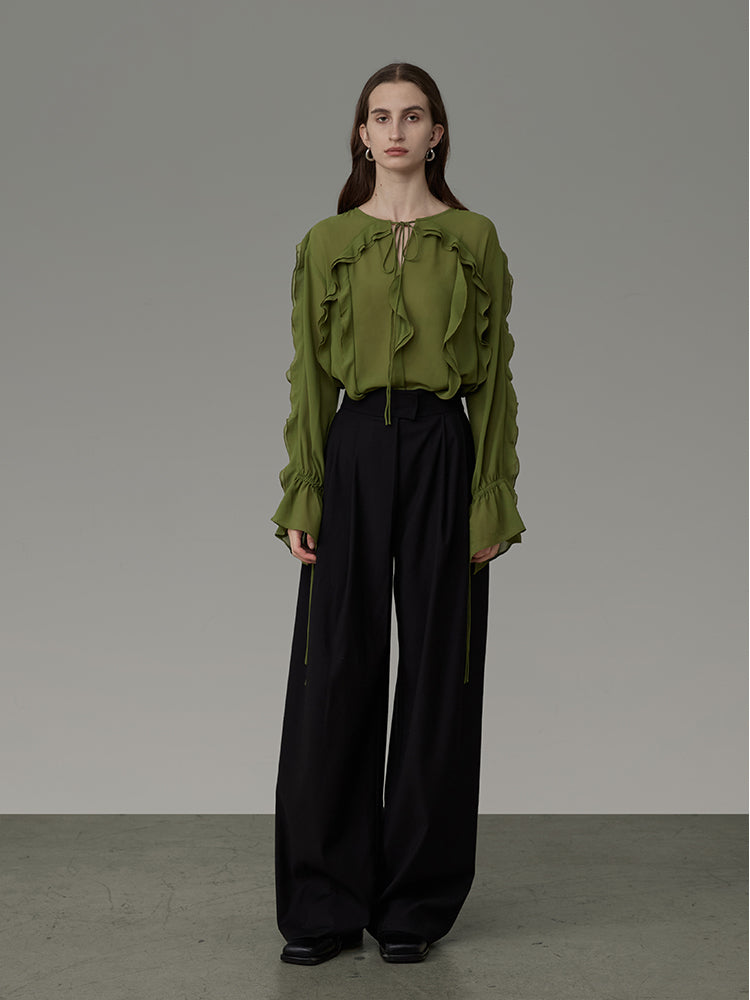 Ciffon Ruffle Drawstring Loose Chic Blouse