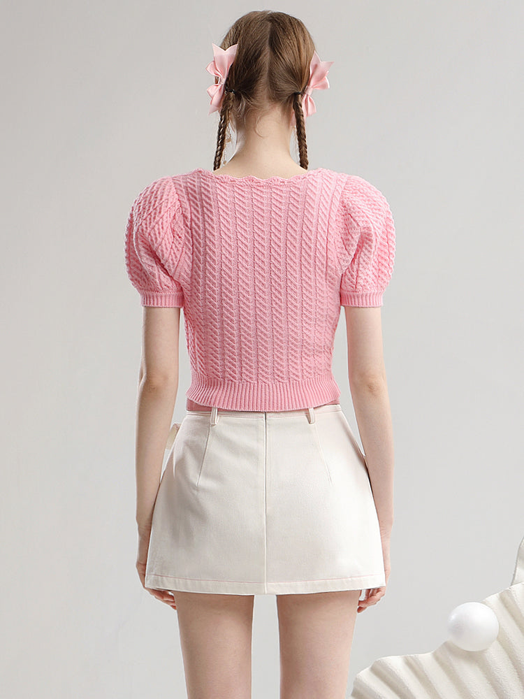 Set-Up Summer-Knit Feminine Pocket Casual Ribbno Metal Knit&Mini-Skirt
