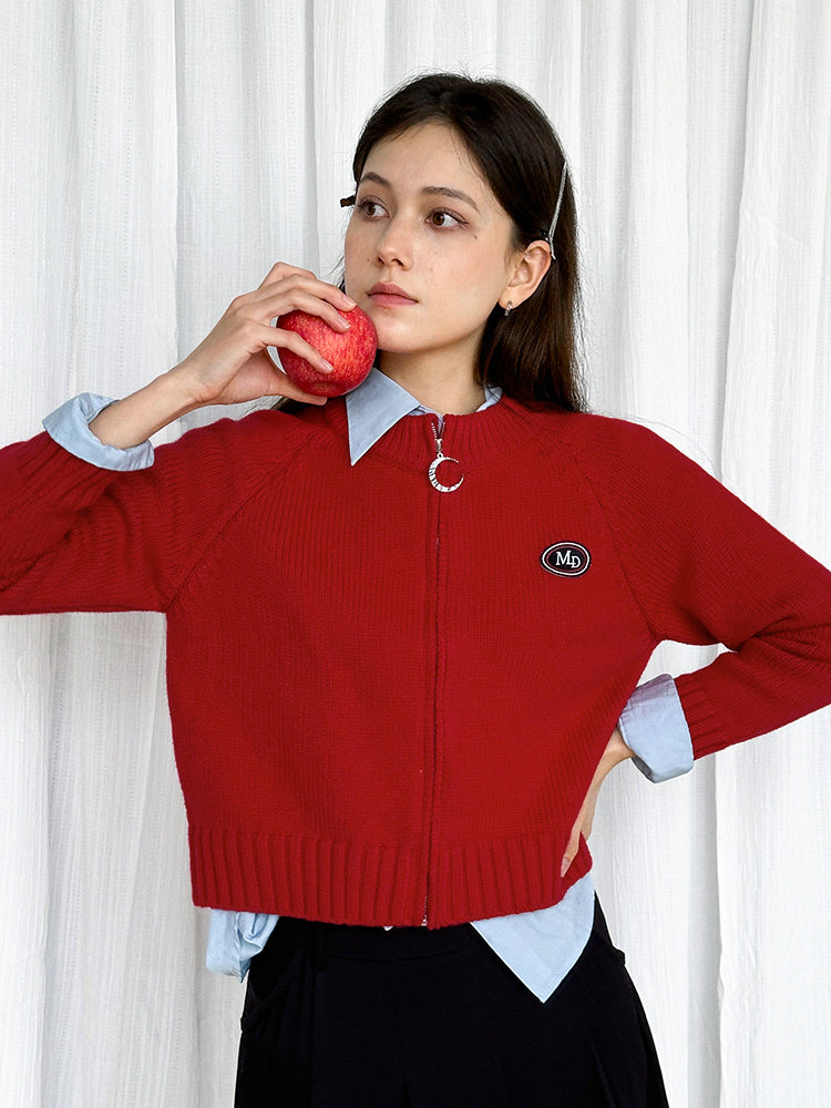 ZIP-Strick-Freizeit-Crew-Hals einfaches Abzeichen rote Strickjacke