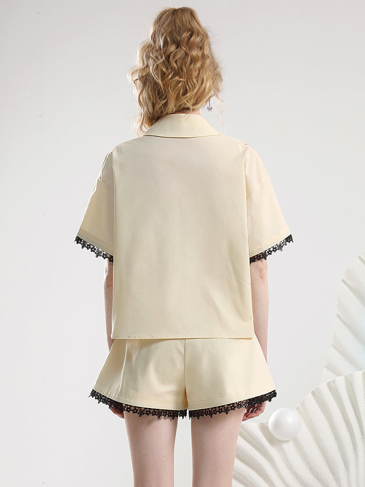 Set-Up Botanical Embroidery Flower Lace Shirt&Short-Pants