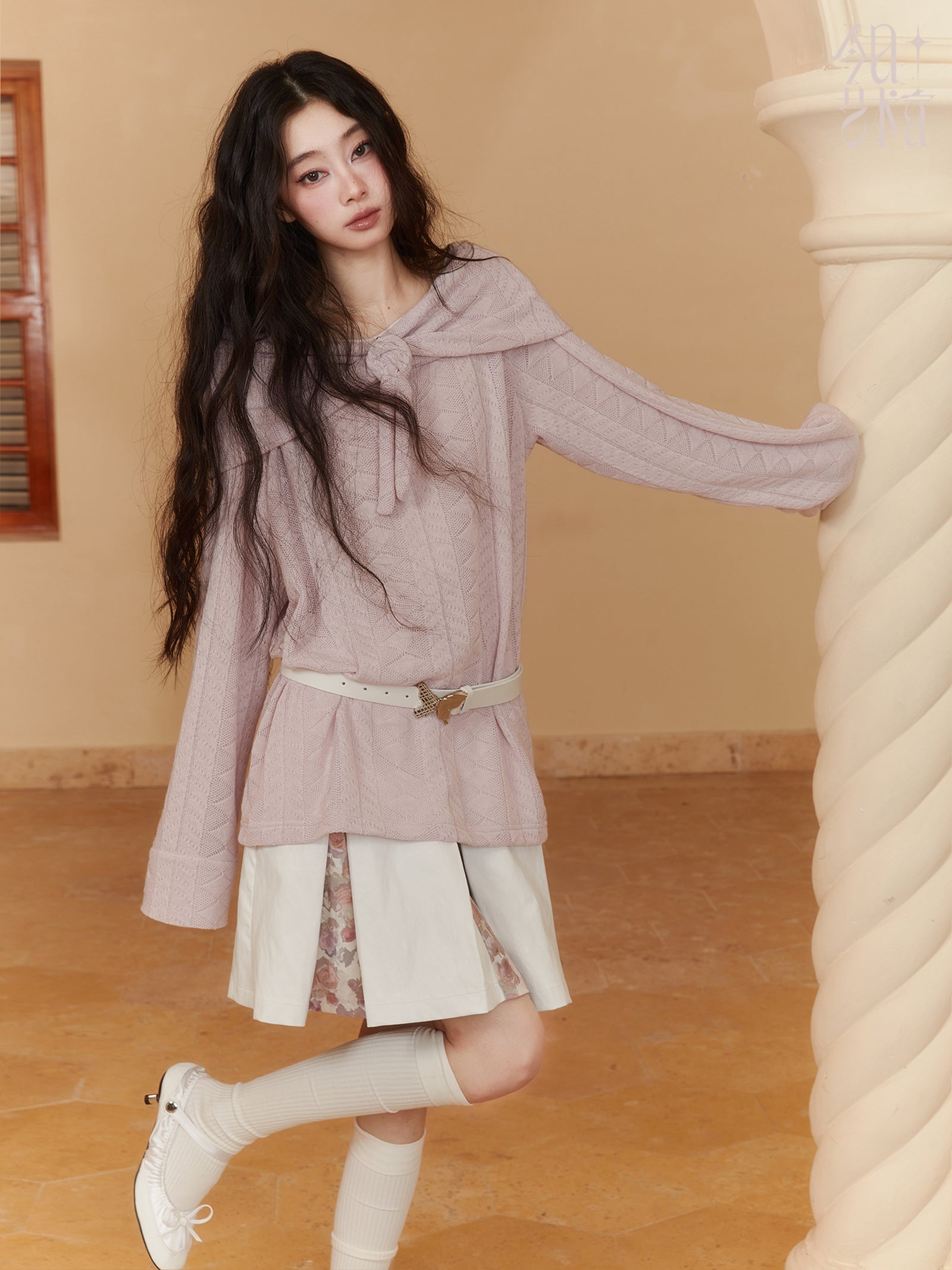 리본 로즈 루즈 오프숄더 2Way 롱 니트