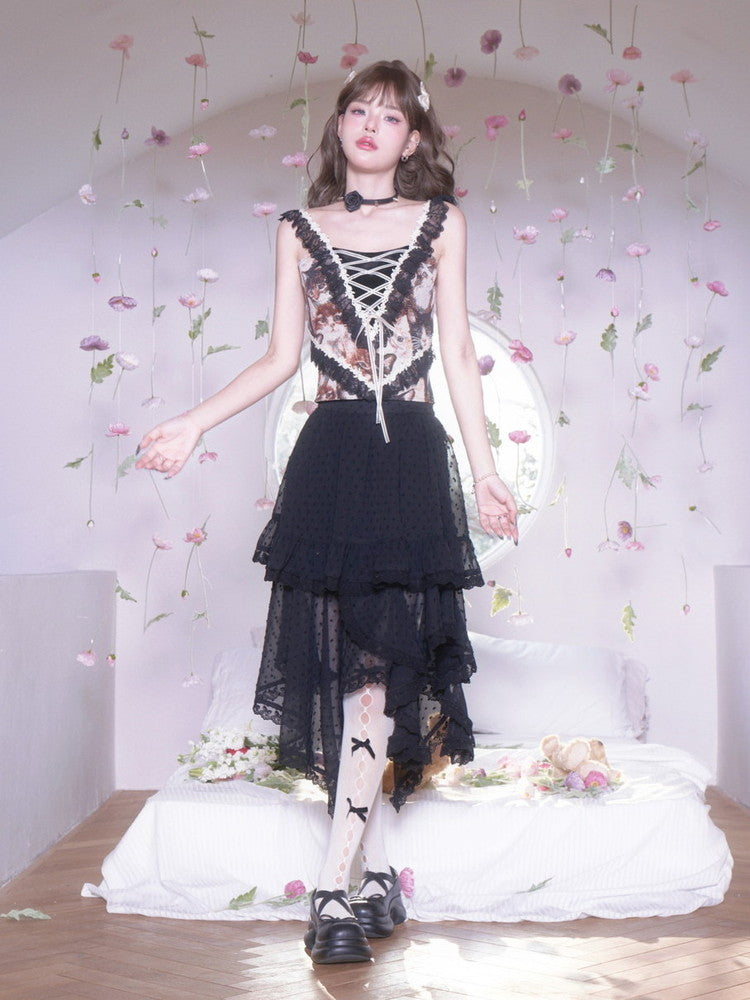 Lace Lace-Up Elegant Flower Gothic Frill No-Sleeve Tops