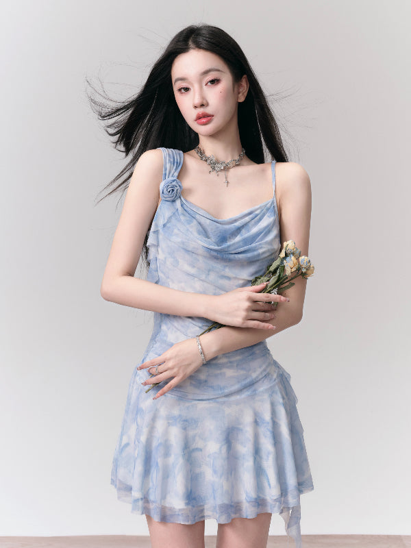 Tie-Dye Camisole Flower Ruffle Short Flrae One-Piece