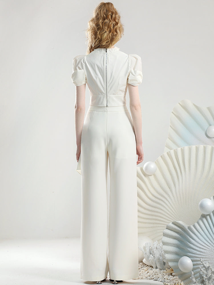 Halter-Neck Chic Suit Set-Up Ribbon Short- Tops&Wide-Pants