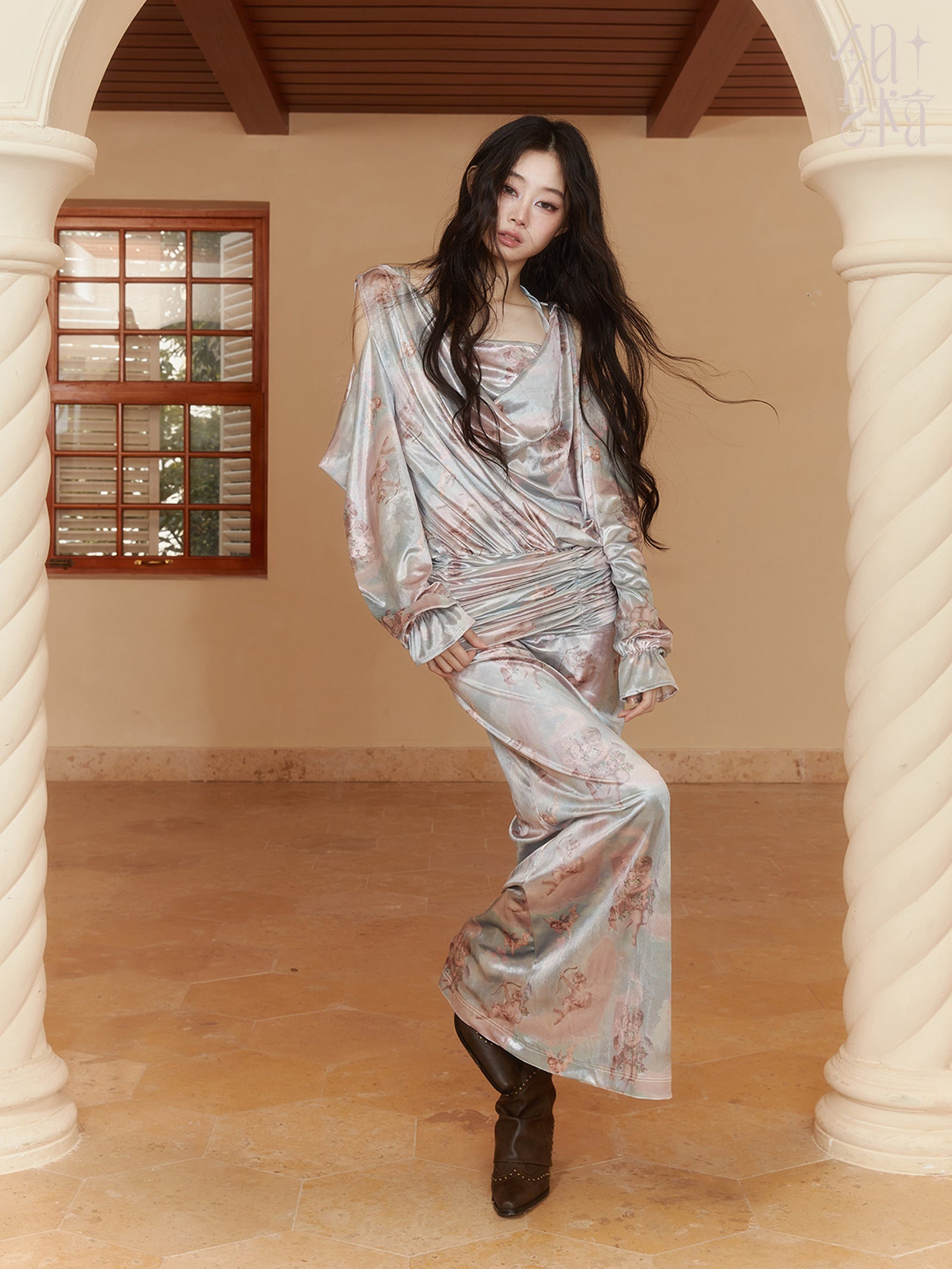 Velvet Cotton-Candy Drape High-End High-End V-Ausschnitt Candy-Sleeve Open-Shoulder Bluse & Rock