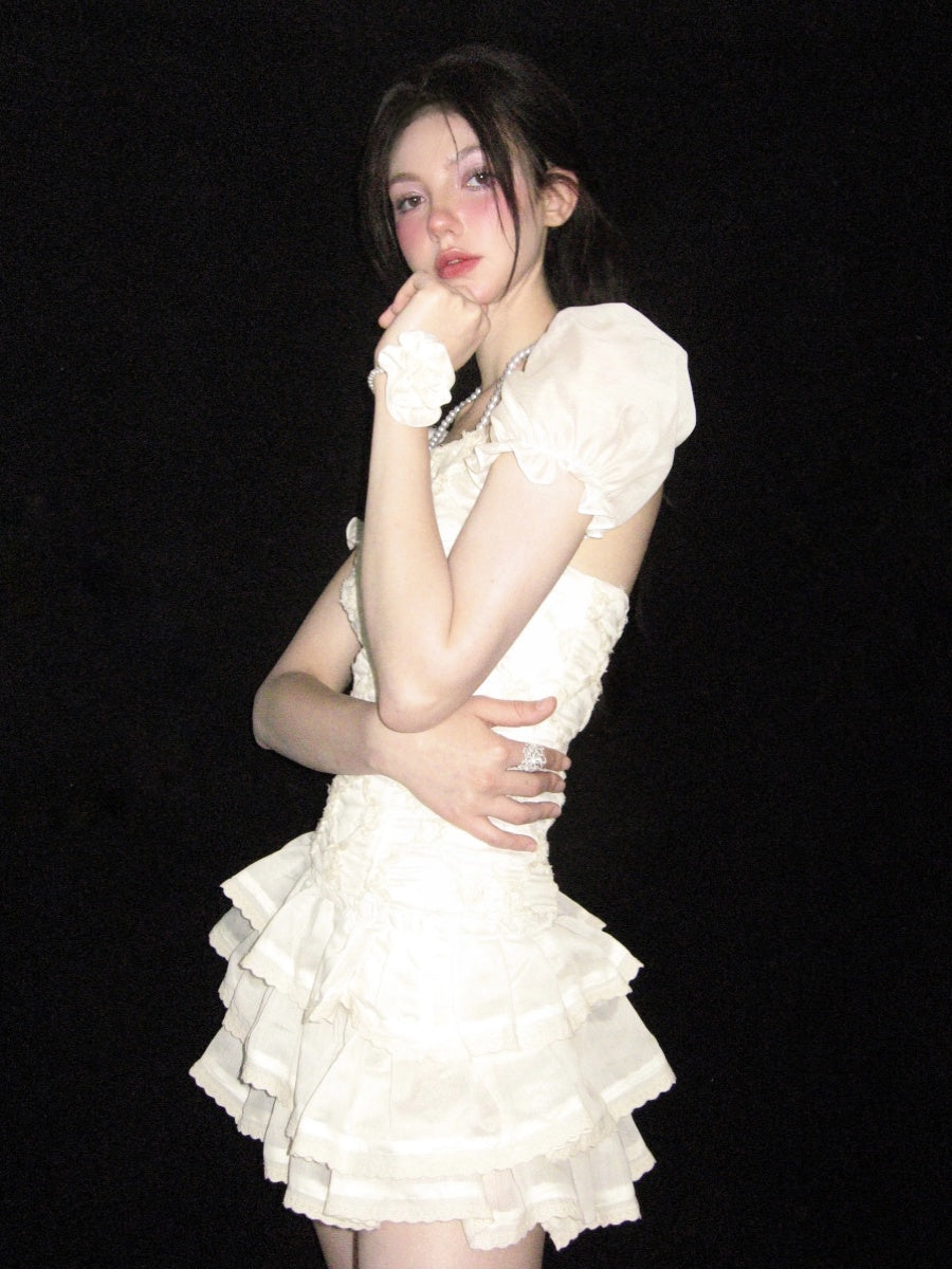 Puff-Sleeve Ciffon Tiered Halter-Neck Sweet One-Piece & Bracelet
