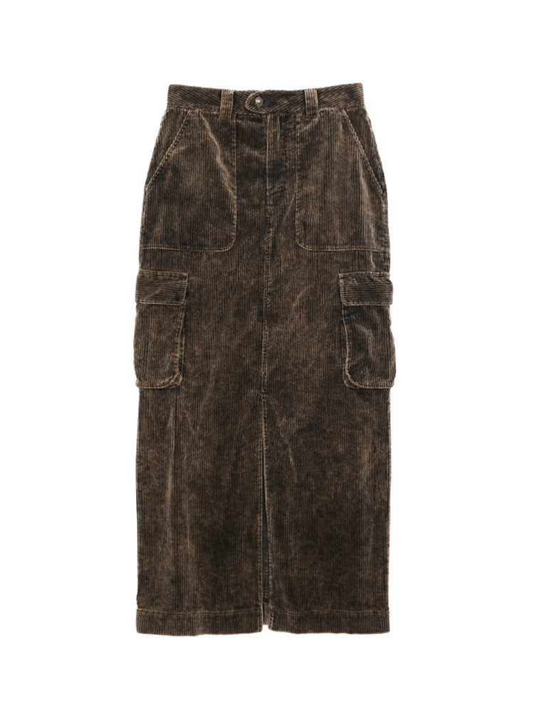 Side-Pocket Corduroy Plain Thick Casual Slit Long-Skirt