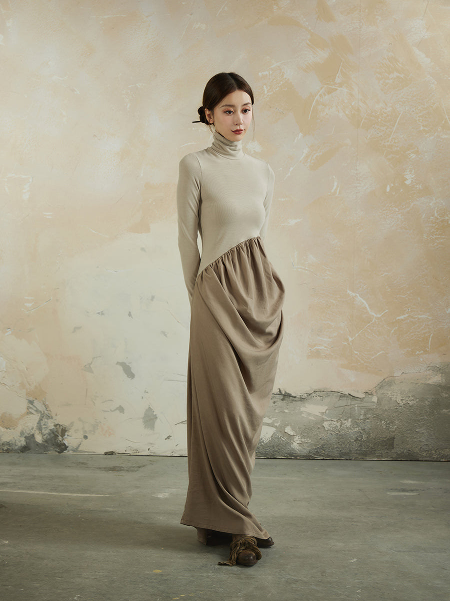 Knit Gradation Drape High-Neck Mix Elegant One-Piece